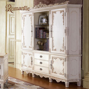 Set di Mobili Classici Francesi di Lusso per Ufficio Domestico, Scrivania Bianca in Legno Massello Intagliato a Mano con Libreria e Armadietto - Product Image 3