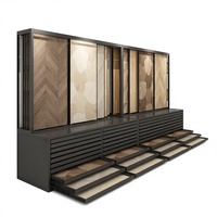 Présentoir moderne et écologique pour carreaux de sol en bois avec étagère métallique coulissante autoportante thermolaquée pour salle d'exposition