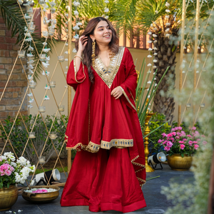 Red Embroidered Silk <b>Shawl</b> with Mirror Work Traditional Indian & Pakistani Women's Wear Breathable Daily Wear - Product Image 2