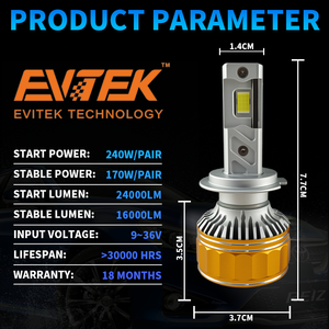 Evitek หลอดไฟหน้ารถยนต์ LED พลังงานสูงใน N11 24000lm 240W H1 H7 H11 9006ไฟหน้ารถ LED 6500K - Product Image 4