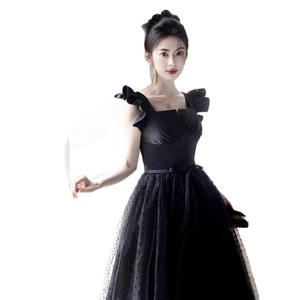 Black Ball Gown Square Collar Empire Waist Tulle Skirt Ruffles Elegant Evening Dress For Art Exam Coming Of Age Ceremony - Product Image 4