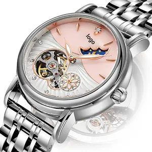 Women Automatic Mechanical Watch With Sun And Moon Diamond Dial Leather Dress Women Watch