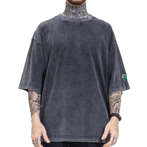 เสื้อยืดผ้าฝ้ายโอเวอร์ไซส์สำหรับผู้ชายเสื้อล้างลายกรดแบบวินเทจ - Product Image 3