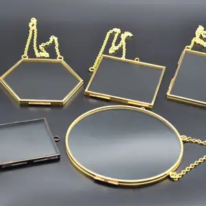 金色各种形状: 圆形矩形六边形方形八边形悬挂双面黄铜玻璃和金属相框透明
