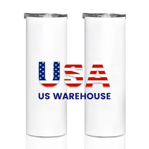 Usa Warehouse gelas kosong sublimasi lurus ramping 20oz baja tahan karat tepi datar dengan tutup dan sedotan