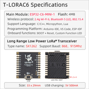 Papan Pengembangan LILYGO T-LORAC6 ESP32-C6+SX1262 Modul LoRa Dukungan Wi-Fi 6/Bluetooth 5/Thread/Zigbee 868/915MHz - Product Image 6