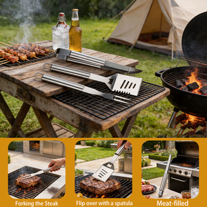 Ensemble d'<span class=keywords><strong>accessoires</strong></span> de barbecue robustes en acier inoxydable 3 pièces : spatule, pince et fourchette pour camping en extérieur - Product Image 6