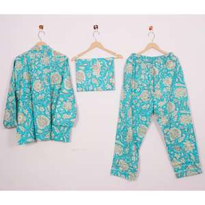 Manufacturer Direct Wholesale Indian Hand Printed Cotton Collared <b>Pajama</b> Set <b>for</b> <b>Women</b> Elastic Waist <b>Summer</b> Perfect Choice! - Product Image 4