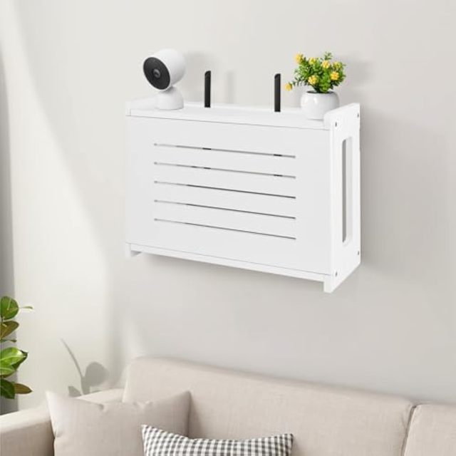 Wooden Router Shelf Wall Mount WiFi Router Storage Box Modem Cable Management Power Strip Hider Rack Solid Wood White