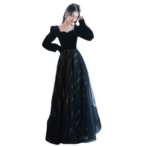 Black Evening Gown Sweetheart Neckline Long Sleeve Elegant For Banquet Art Exam 2026 Spring Dress - Product Image 5
