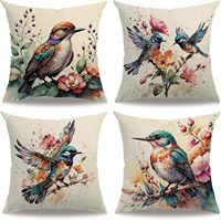4 housses de coussin à motif d'oiseaux aquarelle, conçues avec des fleurs de printemps et des oiseaux, adaptées à la décoration de la maison, de la terrasse extérieure et du jardin