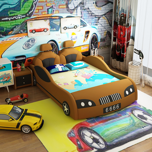 Cama para niños pequeños coche de carreras dormitorio infantil muebles de juego divertidos, cubierta de cuero coche de carreras cama para niños pequeños (no incluye colchón) - Product Image 4