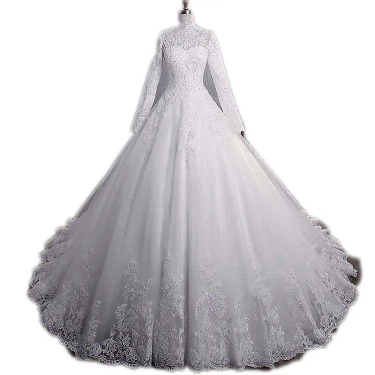 Modest Long Sleeves A Line Wedding Dresses Bridal Gowns Neck Lace Appliqued Sequins Plus Size Wedding Gown