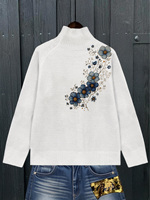 Sweter Rajut Wanita Motif Bunga Biru Kerah Tinggi Lengan Panjang Bordir Bunga Pullover Jumper Rajutan Putih