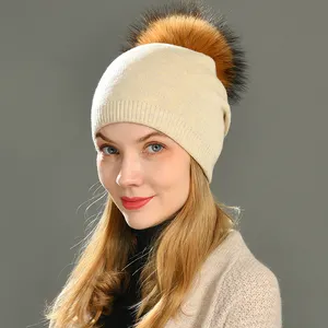 温暖的真正浣熊毛皮 Pom Pom 冬季帽子女羊绒羊毛针织花边帽针织