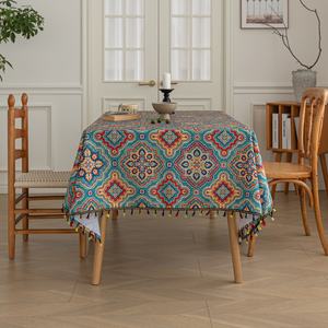 Mantel Tejido con Patrón Geométrico Verde Bohemio, Borlas Coloridas, Impermeable, Lavable, Duradero, para Catering Diario, Fiestas - Product Image 2