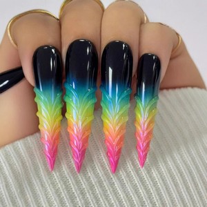 Faux Ongles à Presser 3D Sculptés Effet Glamour pour Soirée, Extra Longs, Stiletto, Base Noire, Ombré Arc-en-ciel, Faits Main, en Gel Artistique - Product Image 1