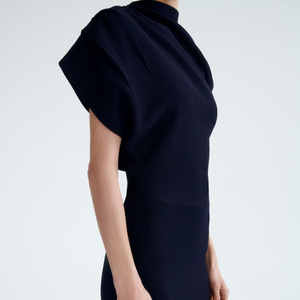 ODM&amp;OEM Professional Manufacturer Spring Summer Women 100% Worsted Merino Wool Asymmetric <strong>Navy</strong> Draped Knee-Length Casual <strong>Dress</strong> - Product Image 2