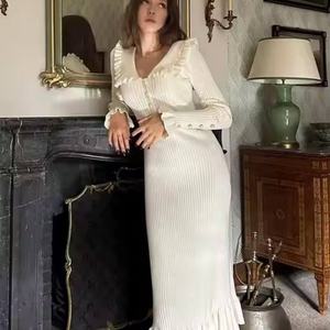 Fabricants de vêtements pour femmes, robe midi vintage, robe en tricot slim pour femmes, automne-hiver, robe décontractée à manches évasées et volants - Product Image 2