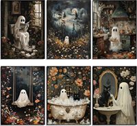 Ensemble de six tableaux fantômes pour mur, toile vintage mignonne et effrayante pour Halloween, impression encadrée pour salle de bain, cuisine, galerie, décoration d'automne pour la maison