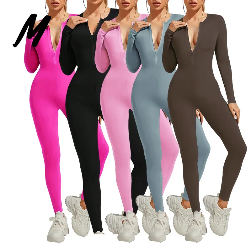 2024 toptan sıcak satış bayanlar Bodycon tulum uzun kollu fermuar Slim Fit güz kadınlar tek parça tulumlar