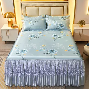 American Style Ice Silk Lace Trimmed Elastic Detachable Bed Skirts flora