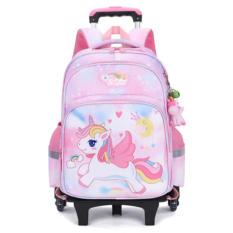 Tas punggung anak perempuan, ransel troli kartun Unicorn meringankan beban anak di kelas 1 hingga 6 dengan ransel