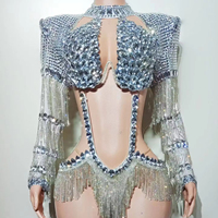Ocstrade Fashion Body à manches longues à franges et à grands strass argentés, tenue de scène et de spectacle de danse, personnalisable en usine