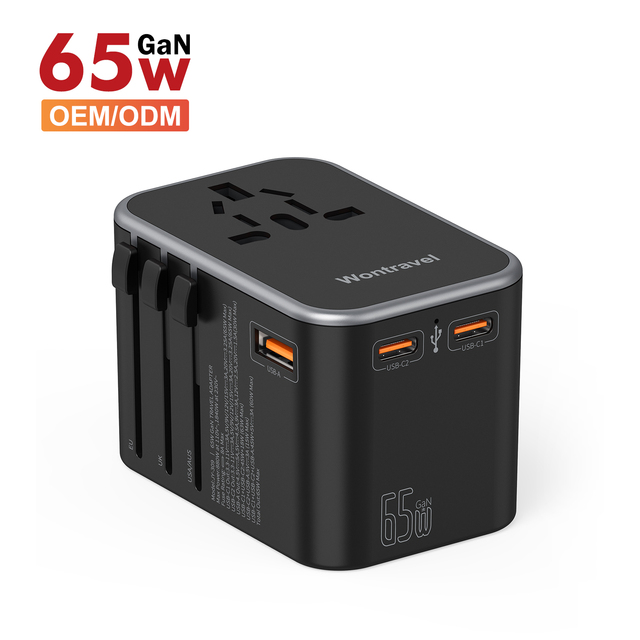 PD 65W Fast Charger Travel Adapter with 1 USB-A and 2 USB-C Ports Universal Plug Fire Retardant PC CE/FCC for