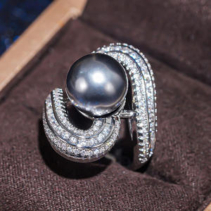 T0905 Black <b>Pearl</b> Cocktail <b>Ring</b> 925 Silver AAA Round Shape Channel Setting Women's Party Jewelry - Product Image 3