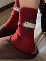 Chaussettes mi-mollet en coton personnalisées pour femmes, motif chiot en peluche rouge festif, collection automne-hiver, vente en gros, lot familial