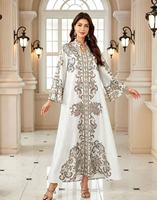 Abaya Maxi Kaftan Musulmane Multicolore à Col Montant en Polyester Imprimé Floral avec Strass, Légère, Respirante et Infroissable pour Adultes