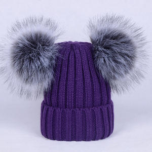 D1859 Topi Wol Rajut Wanita Musim Dingin, Topi Beanie <span class=keywords><strong>Pom</strong></span> Ganda Bulu Rajut Hangat Mode 2019 - Product Image 2
