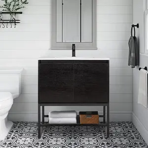 30" Black Iron Support Bathroom Vanity Soft-Closing Door Bathroom Cabinets Built-in Power Socket Bathroom Vanities