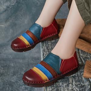 Nouveauté Automne Mocassins en Cuir de Vachette Style Rétro Ethnique à Bout Rond, Color Block, Chaussures Décontractées - Product Image 1