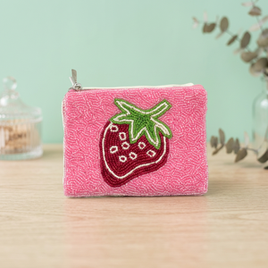 Porte-monnaie perlé fait main, pochette brodée fraise, porte-cartes zippé, mini sac à monnaie, cadeau pour femme - Product Image 1
