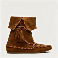 Chaussures Kingdi, bottes en daim à bout rond, grande taille, à revers, mi-mollet, à pompon, talon plat, style bohème, bottes décontractées pour femme