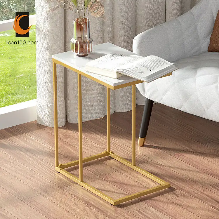 Luxury Modern Bed Side Table Bedroom Sofa Square Narrow Cube Metal c Shape End Table Marble Corner Table for Living Room