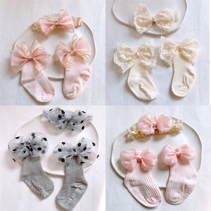 <b>Baby</b> Lace Bow <b>Headband</b> Socks Set Soft Ribbed Infant Girls Hairband Sock Outfit Cute Floral Organza Bow Newborn Daily Wear - Product Image 5