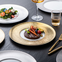 Assiette à dîner en céramique avec bord doré, 10 pouces, assiette de service de luxe pour les dîners raffinés, les mariages, les restaurants, passe au lave-vaisselle, moderne
