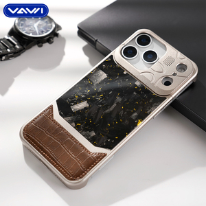 Étui de téléphone VAWI V-A03 en métal avec empiècements en cuir de crocodile et fibre de carbone pour <span class=keywords><strong>iPhone</strong></span> 13 14 15 16 17 Pro Max - Product Image 4