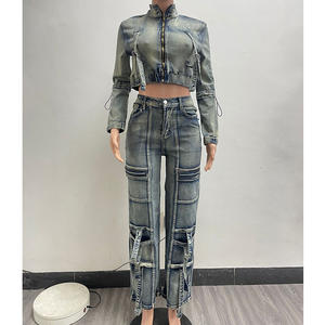 Setelan Jeans wanita, celana kargo 2 potong dan atasan lengan panjang untuk pakaian jalanan wanita dua potong - Product Image 3