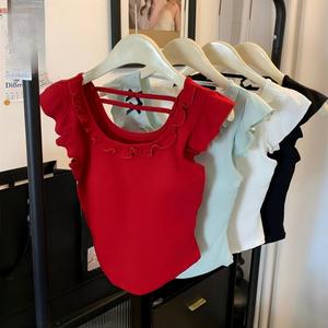 T-shirt da donna con scollo quadrato alla francese, maniche corte arricciate, design irregolare con fiocco, <span class=keywords><strong>top</strong></span> estivo 2026, puro e <span class=keywords><strong>sexy</strong></span> - Product Image 1