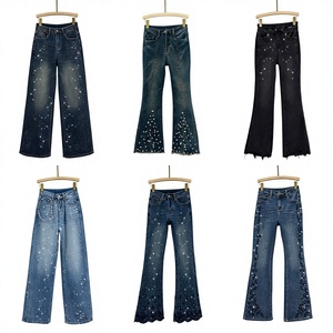 Pantalones Vaqueros de <span class=keywords><strong>Mujer</strong></span> de Cintura Alta con Diamantes, Lavados y Resistentes a la Decoloración, Venta Caliente al por Mayor a Bajo Precio - Product Image 1