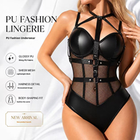 Lingerie Corset Sexy Exotique pour Femme, Body en PU Transparent, Lingerie à Effet Gainant Léger, Dentelle Tissée, Porte-Jarretelles à Nouer XL ODM