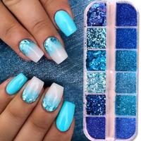 Ensemble de 12 poudres à ongles scintillantes rose et bleu néon d'été, paillettes irisées effet aurore, pigment de sable sucré pour la décoration des ongles