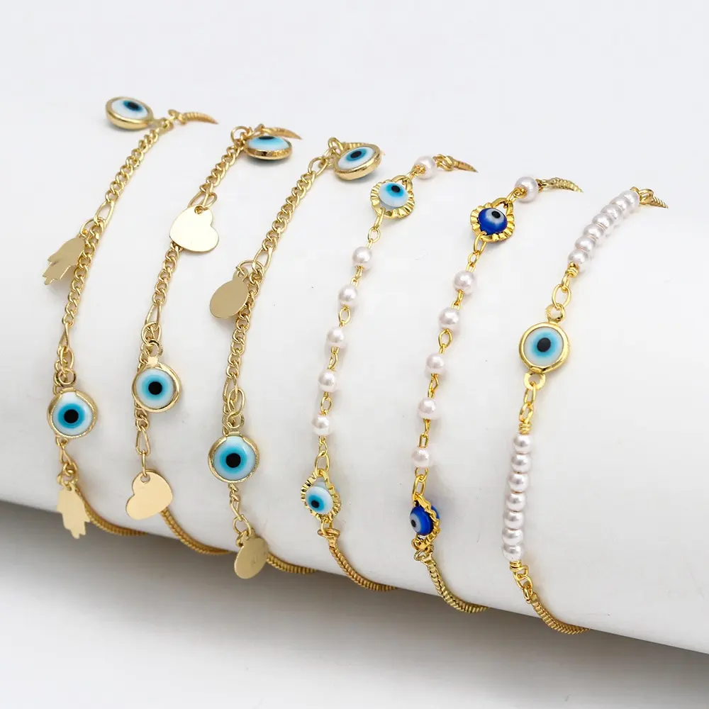Grosir jimat gelang mutiara berlapis emas Turki mata setan berbentuk hati liontin gelang yang dapat diatur perhiasan mode wanita