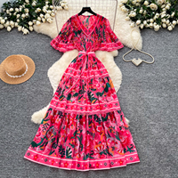 Gaun Maxi Motif Bunga V-Neck Boho Musim Panas dengan Lengan Mengembang, Renda, Berlapis, dan Berikat Pinggang untuk Liburan Santai