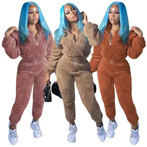 Plush Fuzzy Outfits Streetwear Long Sleeve Womens Clothing Two Piece Pants Set Thick 2 Piece Ladies Sets Women Winter Clothes