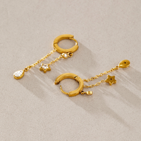 Boucles d'oreilles tendance en acier inoxydable plaqué or PVD 18 carats, motif étoile à cinq branches et goutte d'eau, avec chaîne et pampille, de haute qualité, pour le commerce transfrontalier